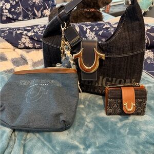 True Religion Black Denim Shoulder Bag with Brown Trim and Gold Hardware